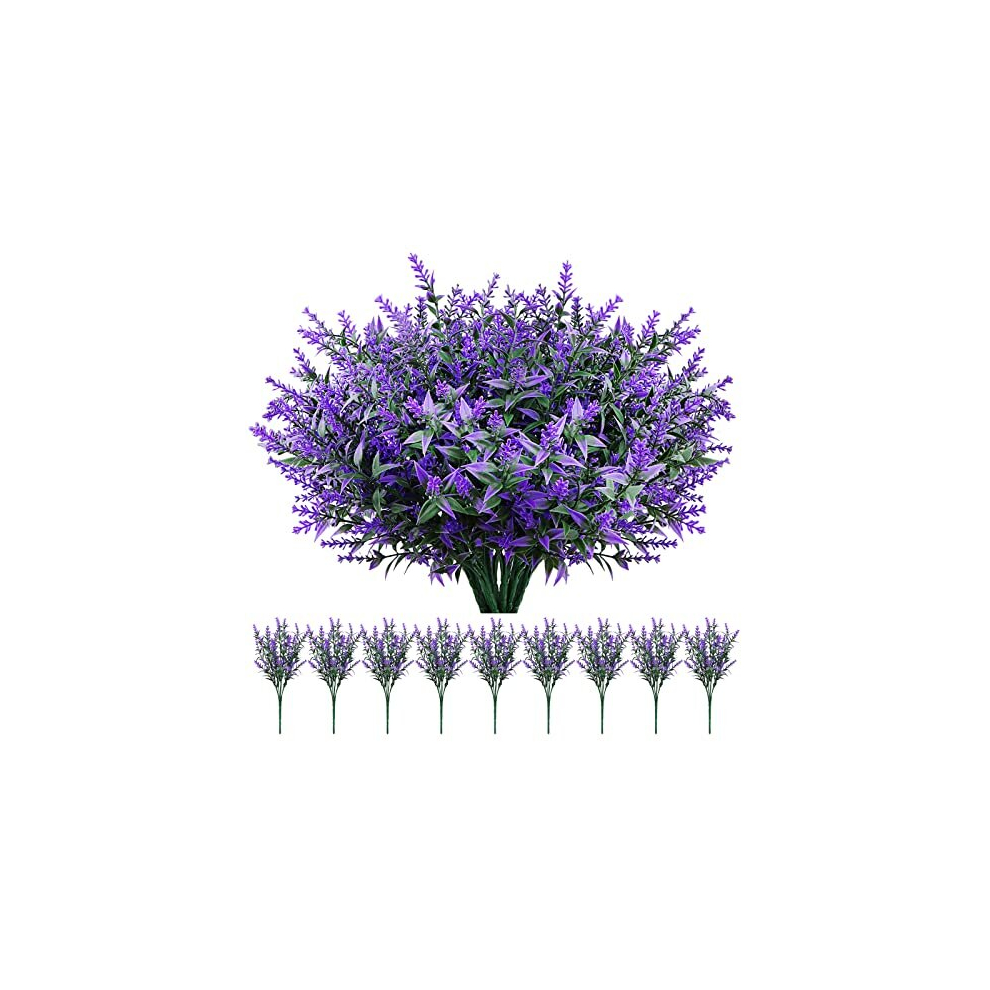 Artificial Lavender Flowers Outdoor 9 Bunches, Faux Plastic Floral Bouquet, UV Resistant Shrubs Plants Fake Flowers Bulk for Indoor Decoration, Home