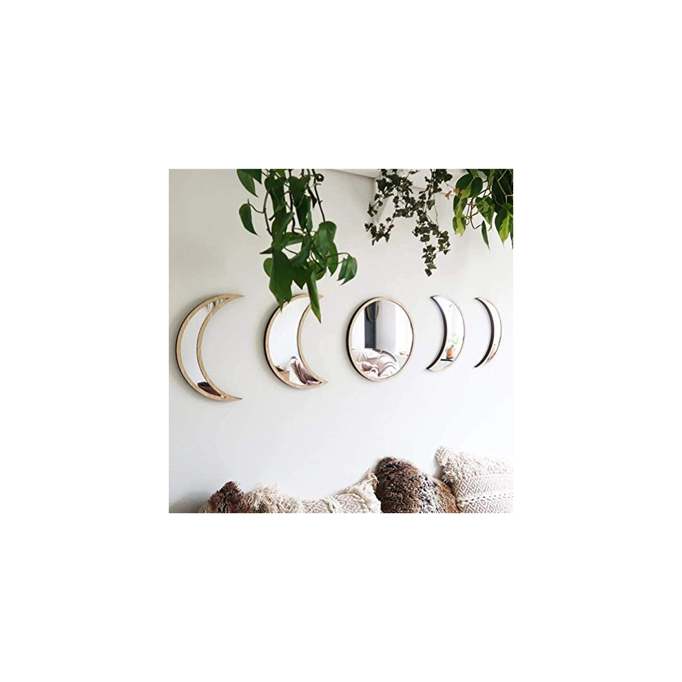 5Pcs Moon Phase Mirror Set, Acrylic Wall Decorative Mirror Wooden Frame Moon Phase Mirror Home Decor Wall Hanging Mirror for Home Living Room Bedroom