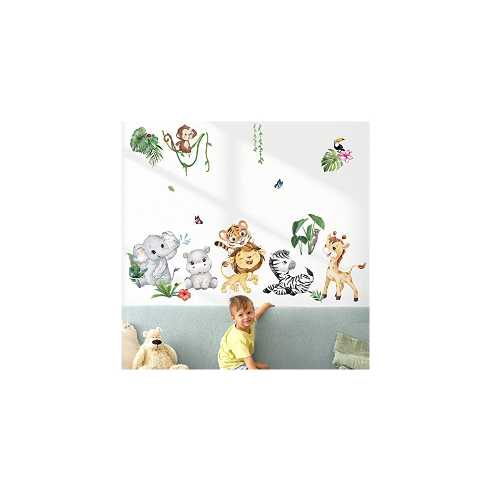 Decalmile Jungle Animals Wall Decals Elephant Lion Giraffe Safari Wall Stickers Baby Nursery Kids Room Living Room Wall Decor