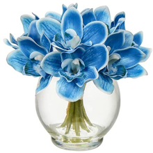 9pcs Real-Touch Blue Silk Orchids in Glass Vase with Faux Water – Cymbidium/Phalaenopsis Artificial Arrangement for Home Decor