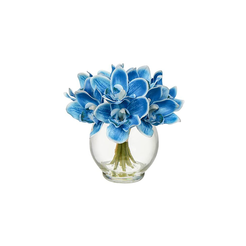 9pcs Artificial Flower In Vase Real Touch Fake Orchid Cymbidium Flower In Glass Vase With Faux Water Silk Blue Faux Phalaenopsis Arrangement For Home