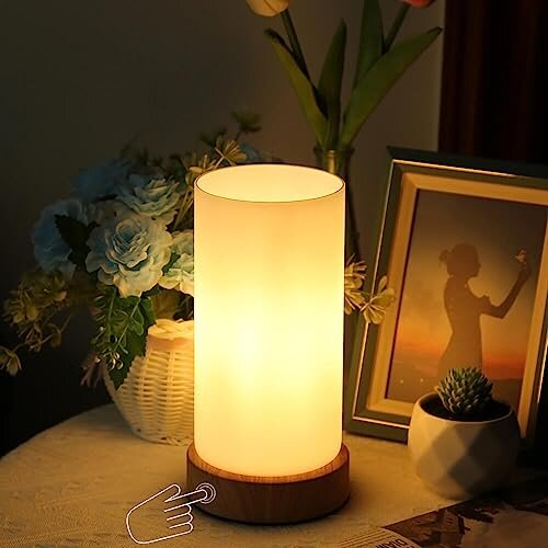 Bedside Lamp Touch Control Table Lamp with Wooden Base Warm Glass Shade 3-Level Dimmable LED Light Bulbs Desk Lamp Minimalist for Bedroom Living Room