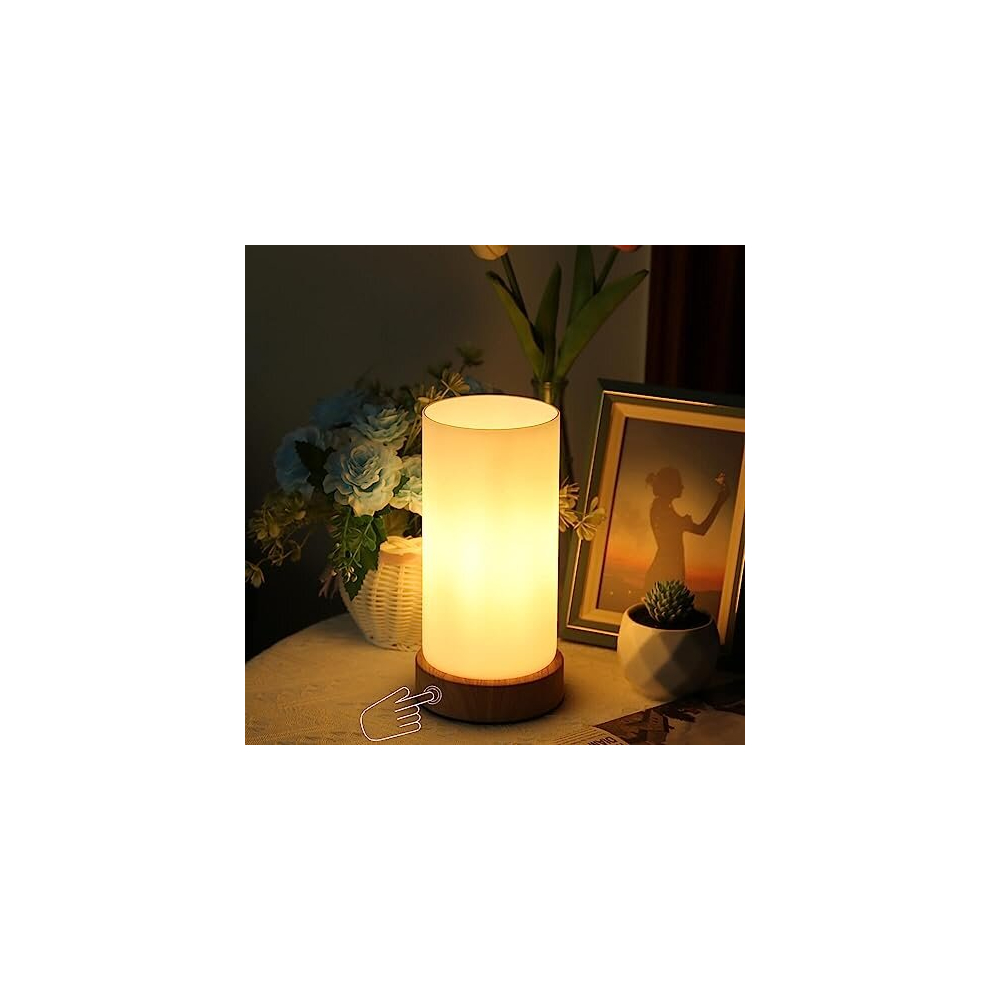 Bedside Lamp Touch Control Table Lamp with Wooden Base Warm Glass Shade 3-Level Dimmable LED Light Bulbs Desk Lamp Minimalist for Bedroom Living Room