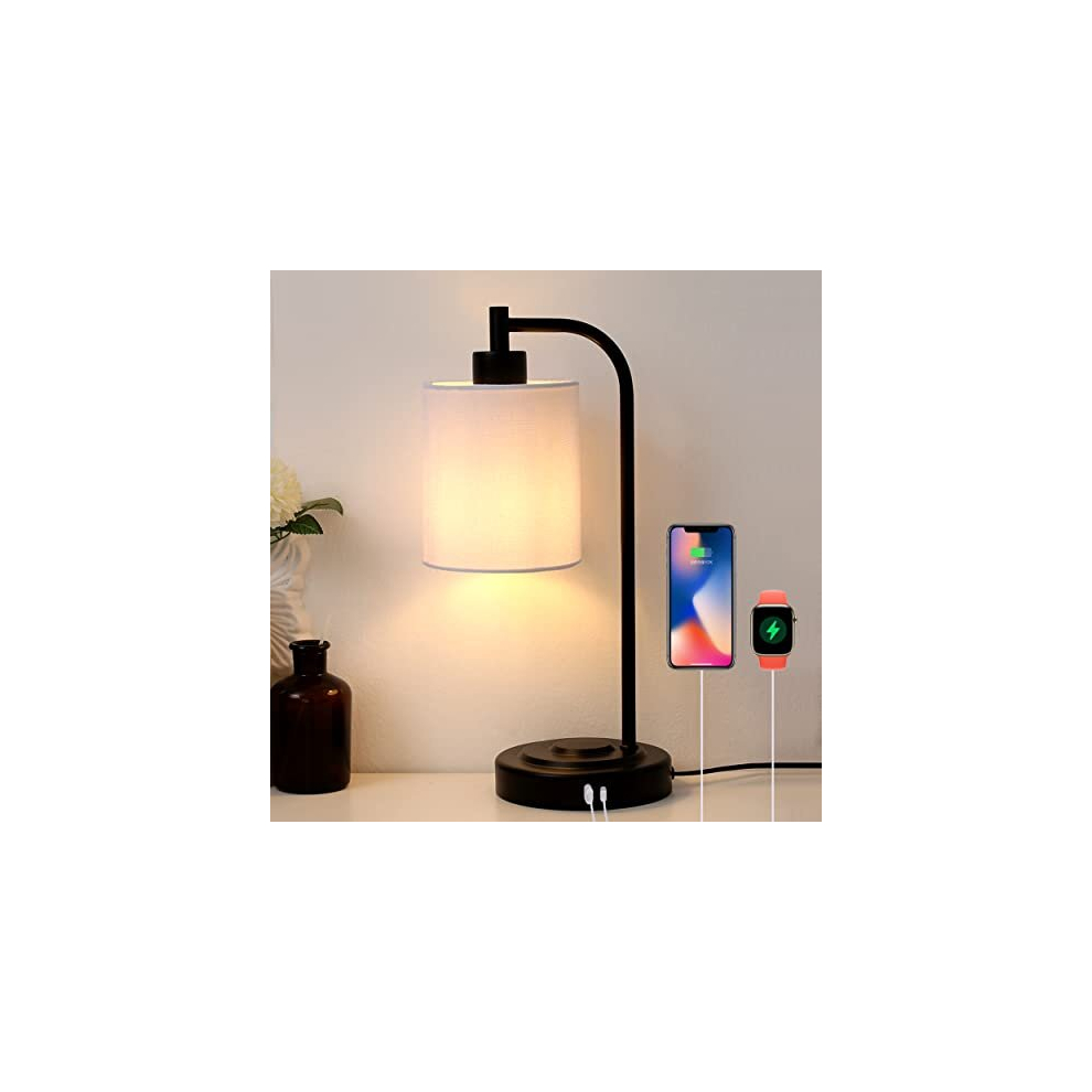 Touch Bedside Lamp, Industrial Table Lamp Bedside with USB A+C Charging Ports, Bedroom Lamp, Touch Lamp Bedside, Fabric Shade and Metal Base, Bedside
