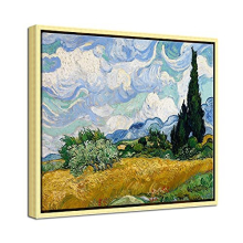 Golden Framed Wall Art Canvas Prints of Wheat Field with Cypresses by Van Gogh Paintings Reproduction Abstract Artwork for Wall Decor