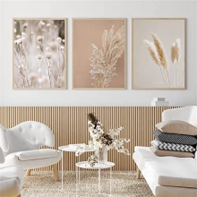 Modern Flower Canvas Painting Set of 3 Plant Wall Pictures Boho Beige Natural Pampas Grass Pictures No Frame (40 x 60 cm x 3)