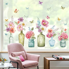 Spring Summer Flowers Window Stickers Floral in Jars Butterflies Glass Decal Clings Anti Collision Double-Side Static Window Decals for Home Glass