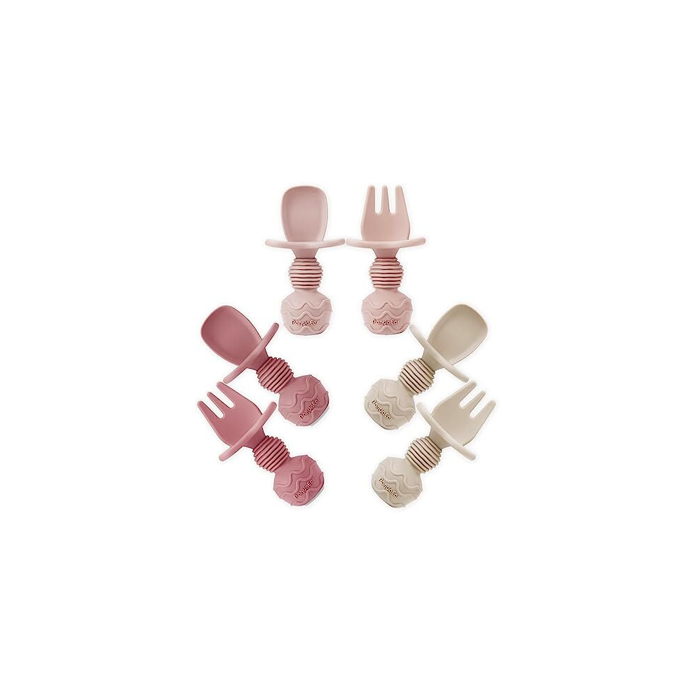 6 Pack Silicone Baby Spoons And Fork Feeding Set- Anti-Choke First Self Feeding Utensils For Baby Led Weaning Ages 3 Months - Pink Pandaear