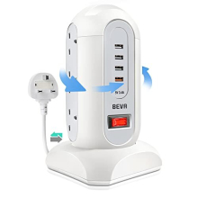 Tower Extension Lead, BEVA Surge Protected Extension Lead with 4 USB Slots 9 AC Outlets, UK Tower Power Strip with 1.65M Retractable Cable, Multi Plug