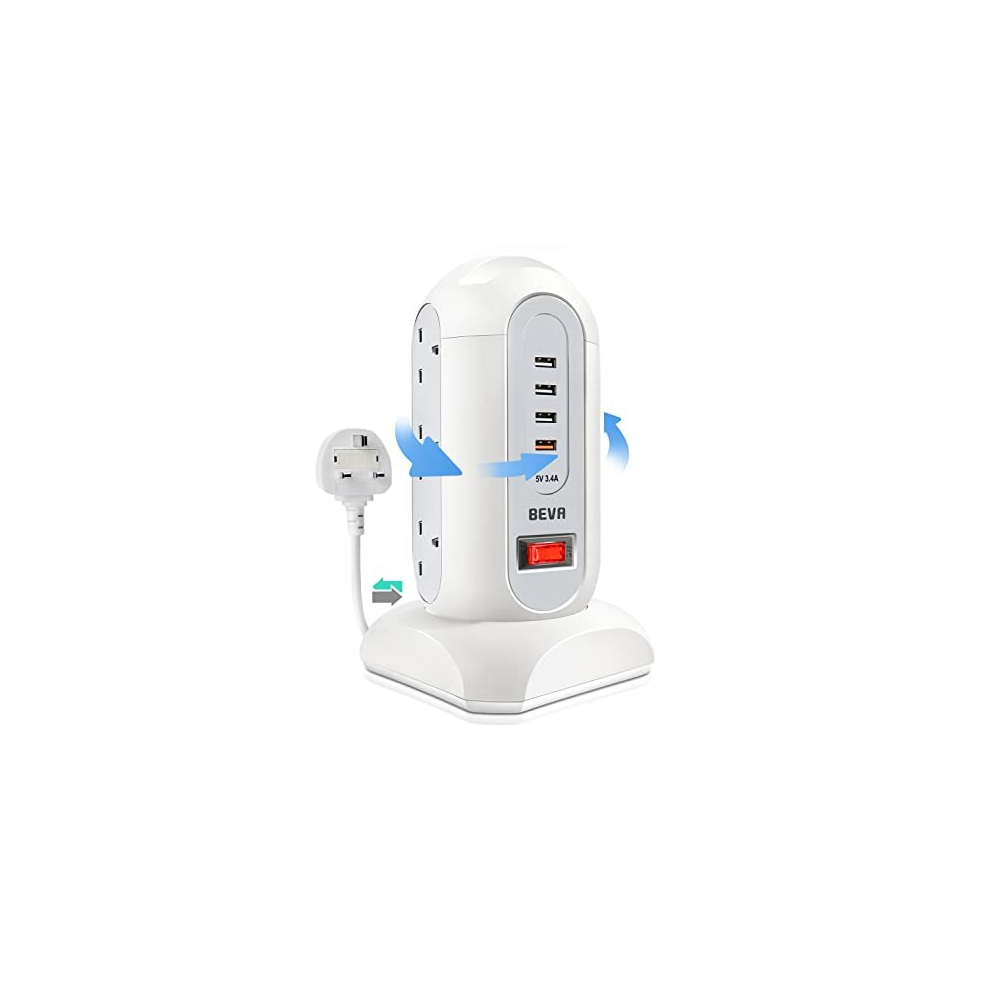 Tower Extension Lead, BEVA Surge Protected Extension Lead with 4 USB Slots 9 AC Outlets, UK Tower Power Strip with 1.65M Retractable Cable, Multi Plug