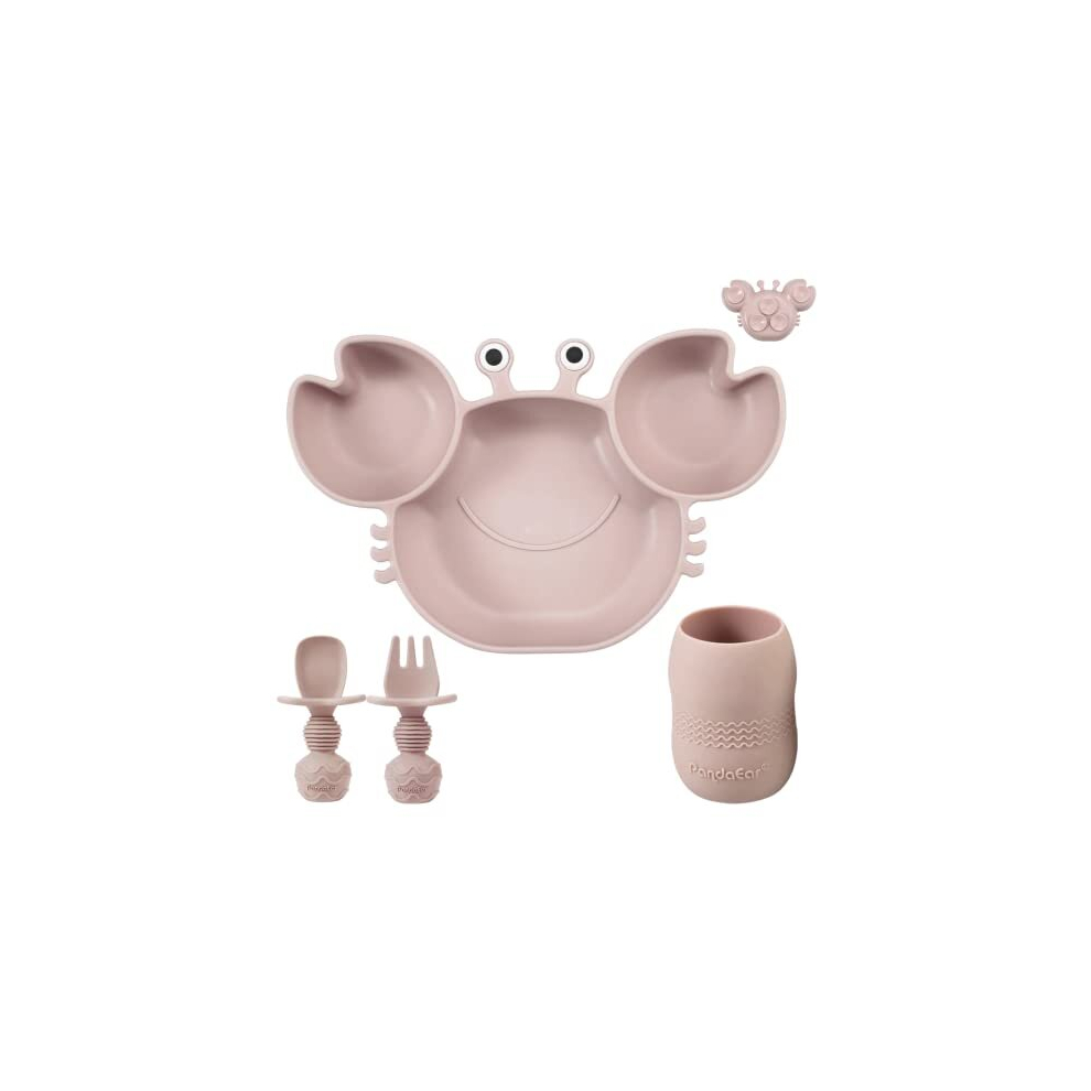 Silicone Baby Plate With Suction + Baby Sippy Cup + Baby Feeding Spoon Fork, Divided Kid Toddler Baby Suction Plate, Baby Feeding Items Led Weaning Pandaear