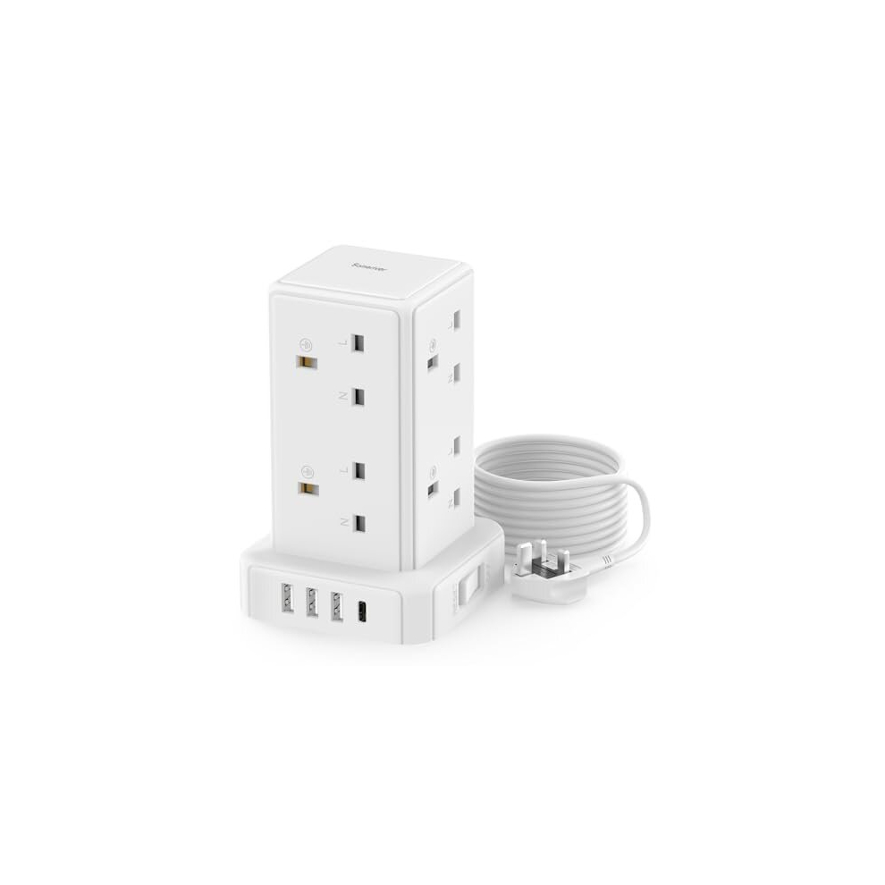 Tower Extension Lead with 4 USB Slots, 8 Way Multi Plug Extension Tower with Surge Protection Extension Cord Switch [13A 3250W], 2M Extension Cable