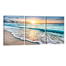 3 Panels Blue Beach Sunrise White Wave Pictures Painting on Canvas Wall Art Modern Stretched and Framed Seascape Canvas Prints Seaview Landscape