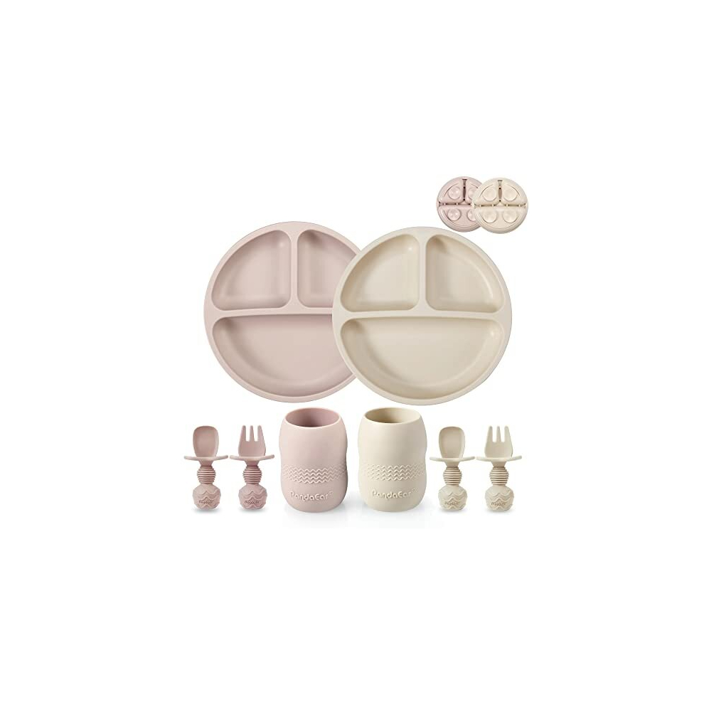 Pandaear Silicone Baby Feeding Set| 2 Pack Silicone Divided Suction Plate And 2 Pack Tiny Cup With 2 Spoons 2 Forks| Baby Led Weaning Supplies Self Feeding