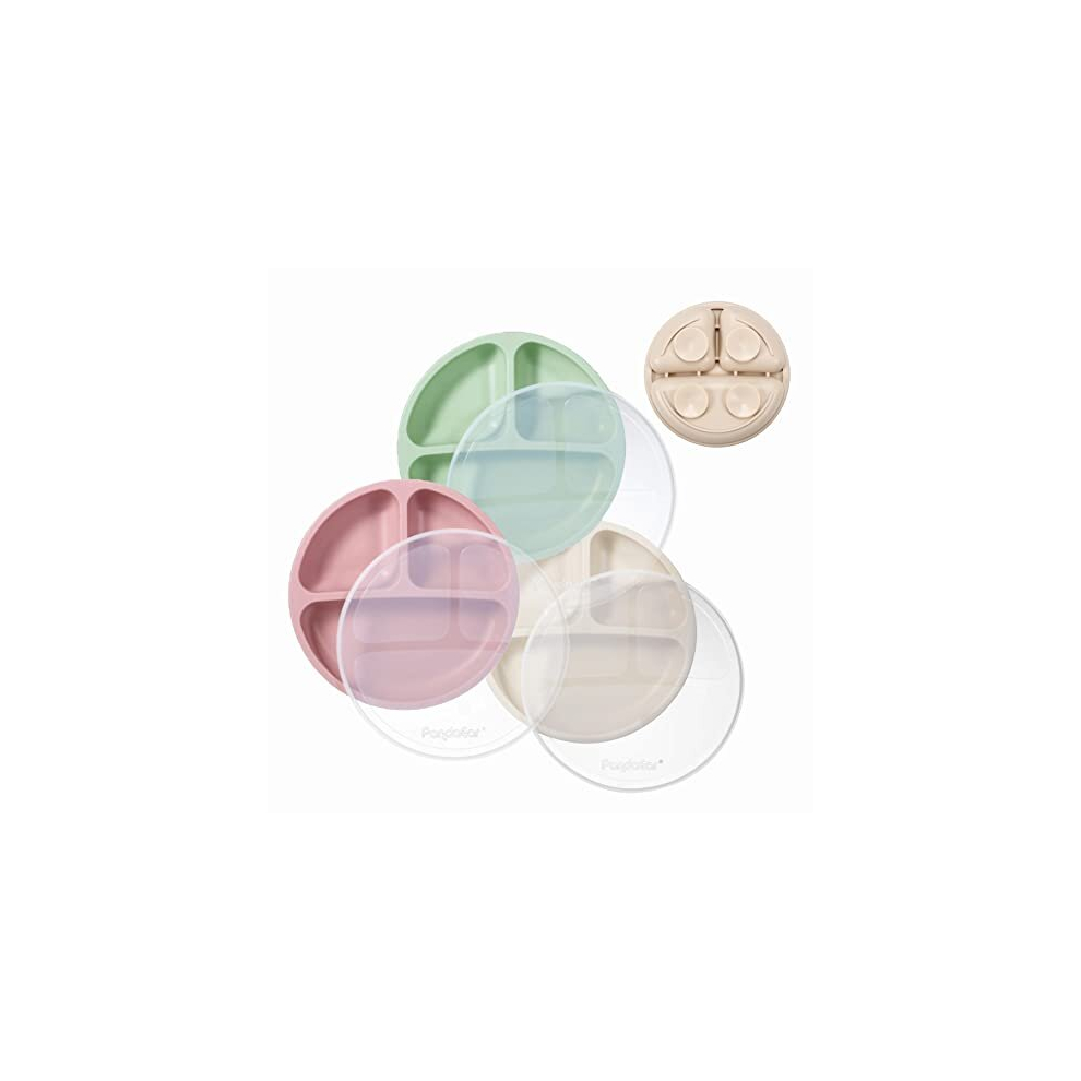 3-Pack Silicone Suction Plates With Lids For Baby Weaning - Divided Plates For Kids And Toddlers Childrens - Unbreakable Weaning Plates - Sectioned Pandaear