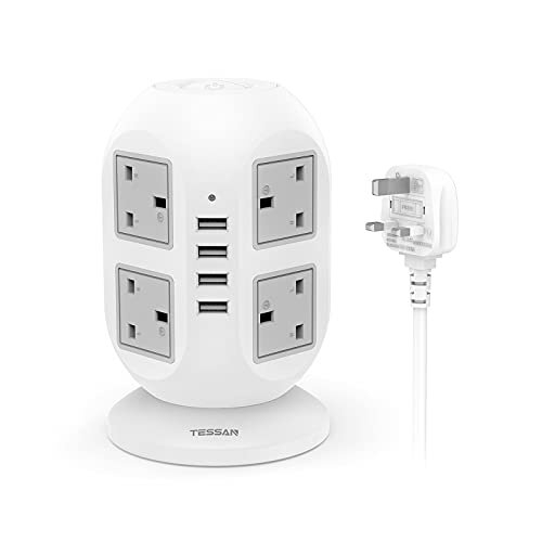 Tower Extension Lead 3M Cable, TESSAN 8 Way Surge Protected Multi Plug
