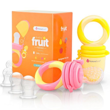 Baby Food Feeder/Fruit Feeder Pacifier (2 Pack) - Infant Teething Toy Teether | 6 PCs Silicone Teats (Peach Pink & Lemonade Yellow)