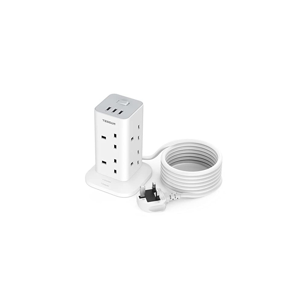 Tower Extension Lead 3M With 3 Usb Slots, Tessan Extension Cable 8 Way Multi Socket Plug Extension Tower, Surge Protected Extension Cord With Switch, 5014286173889