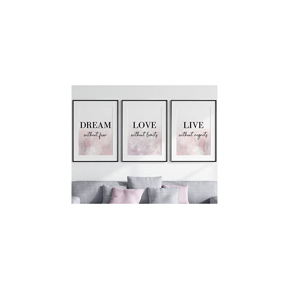 Dream Love Live Quotes set of 3 Unframed Prints, Pink Purple Brushstroke Style, Home Decor Wall Art, Dream Without Fear, Love Without Limits, Live