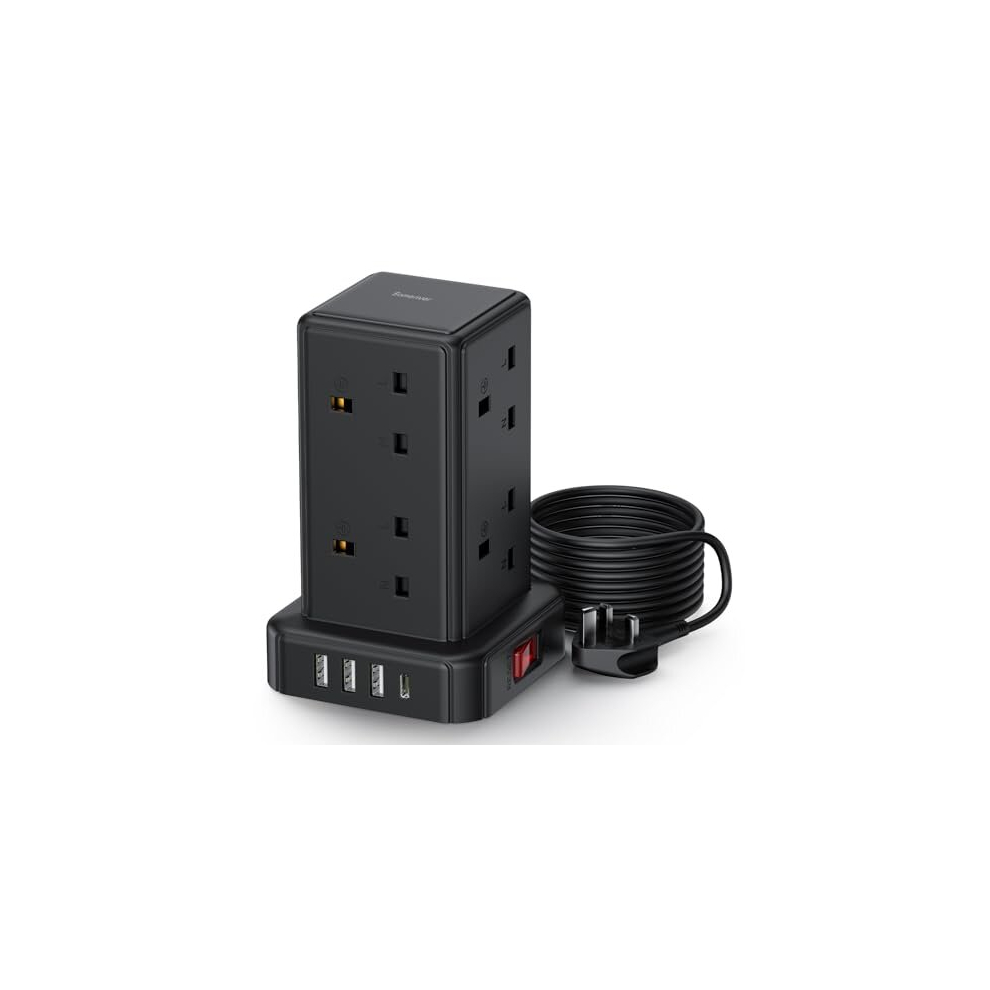 Tower Extension Lead with USB Slots, 8 Way Mini Tower Extension Lead with 4 USB Ports[13A 3250W] Multi Plug Extension Tower 2M Extension Cable Surge