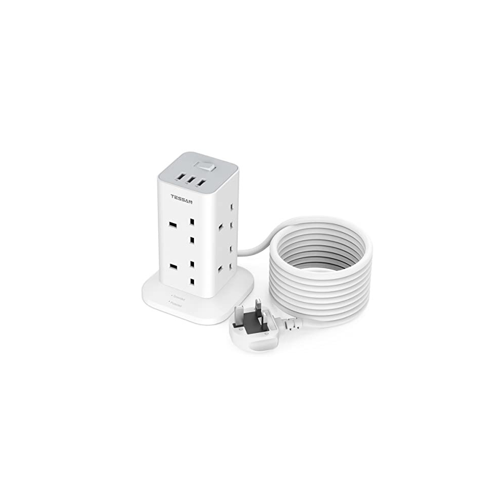 Tower Extension Lead 5M With 3 Usb Slots, Tessan 5M Extension Cable 8 Way Multi Socket Plug Extension Tower, Surge Protected Extension Cord With 5014286172219
