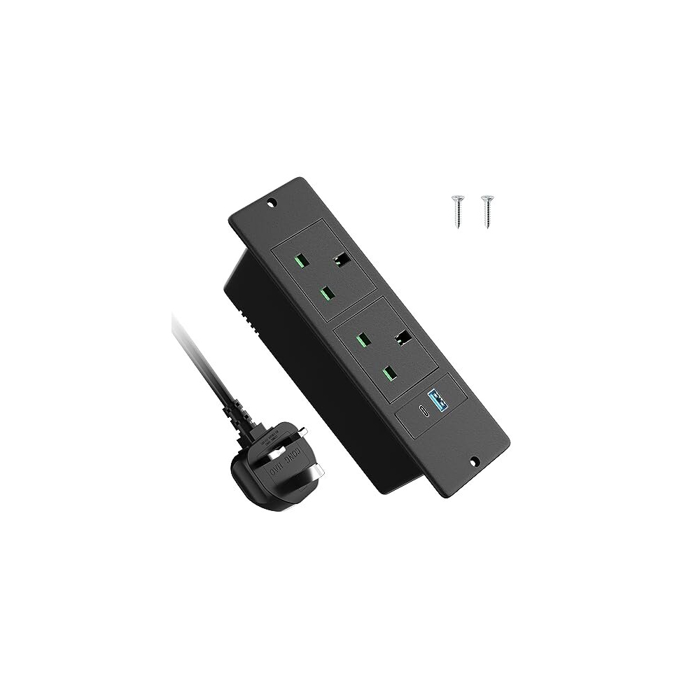 Recessed Power Strip With Usb C Pd20w, Desk Power Socket With Usb, Power Extension Lead 2 Outlets 2 Screws, Hidden In Furniture Desk Table, 2M/6.6Ft 5014286173216