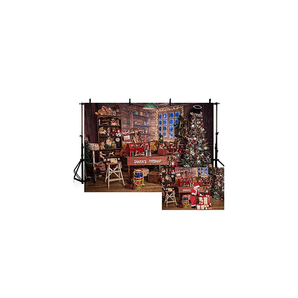 7x5ft Christmas Backdrop Santa's Toyshop Photography Background Vintage Rustic Wooden House Winter Night Cottage Gift Xmas Tree Family Holiday Party 
