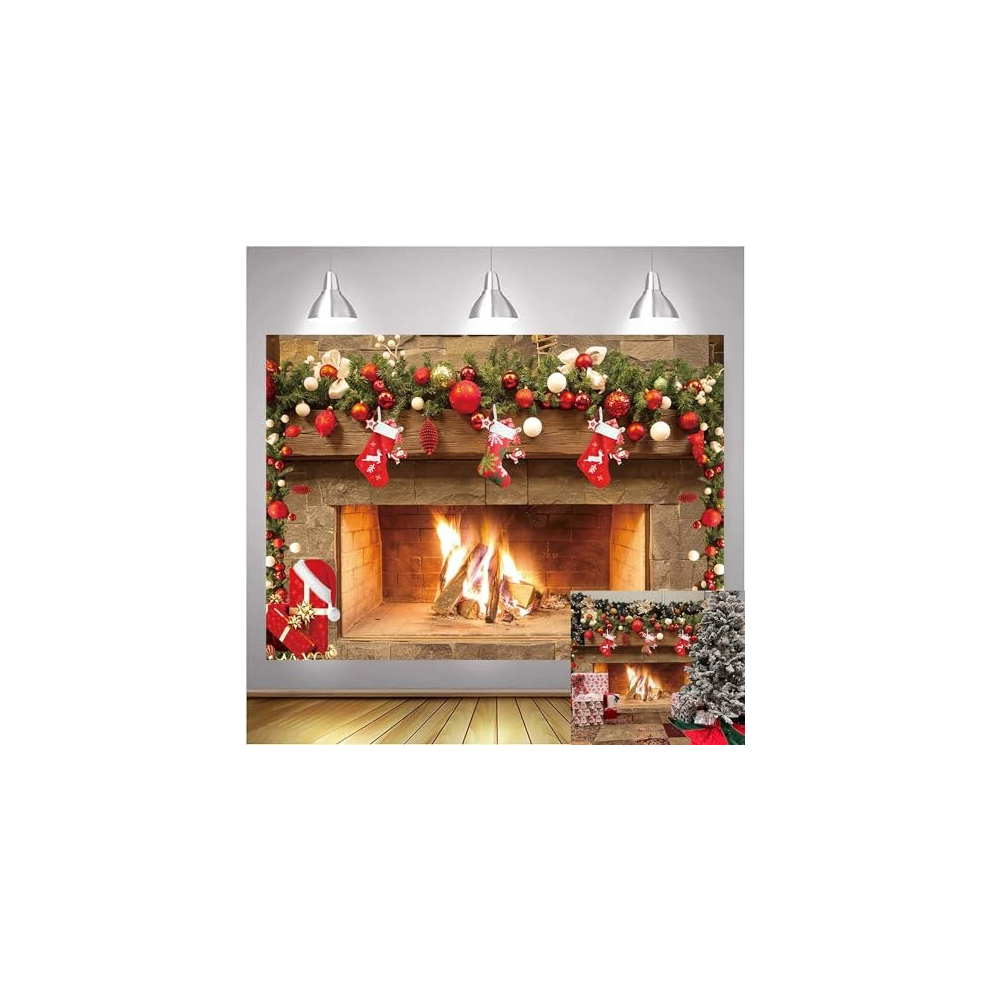 Christmas Fireplace Theme Backdrop Christmas Trees Xmas Red Stocking for Merry Christmas Eve Photography Background Party Decor (2.1x1.5m) 