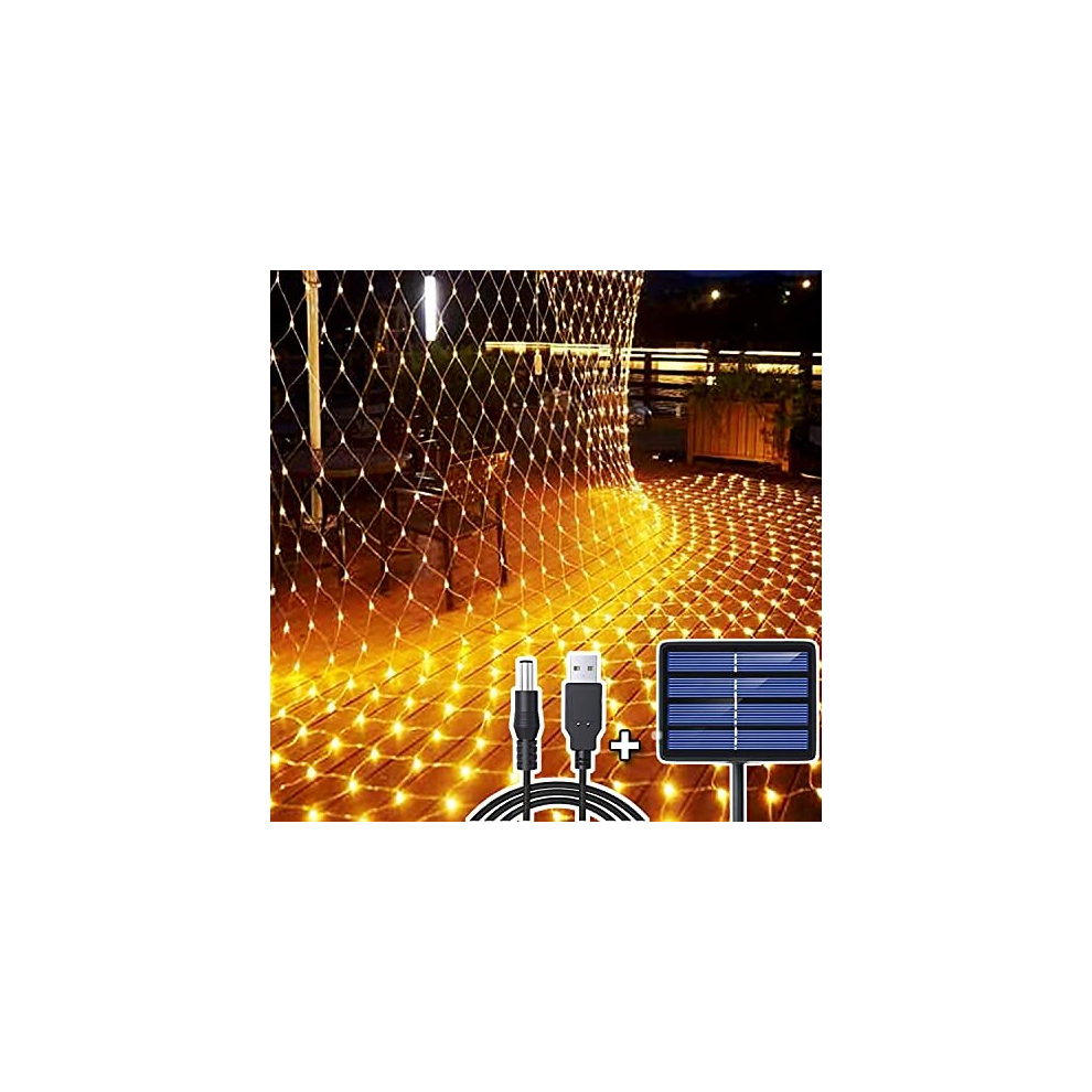 204 LED Net Lights Outdoor, 3M x 2M Mesh Fairy String Lights Solar/USB Powered Rechargeable Copper Wire Light, Weatherproof Garden Net Curtain Light,