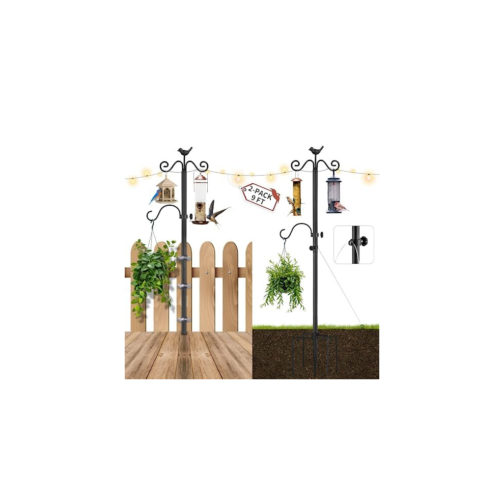 Outdoor Patio String Lights Poles - 2 Pack Metal Light Poles 9FT Black with Hooks & Wire Rope for Backyard, Wedding, Garden, Holidays&Christmas
