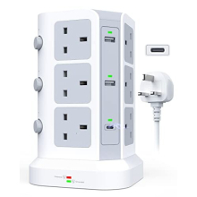 Dual 20W USB C Tower Extension Lead [PD 3.0/QC 3.0], 12 Way Extension Tower with 4 USB A Output [13A 3250W] Surge Protected Plug Extension for Office,