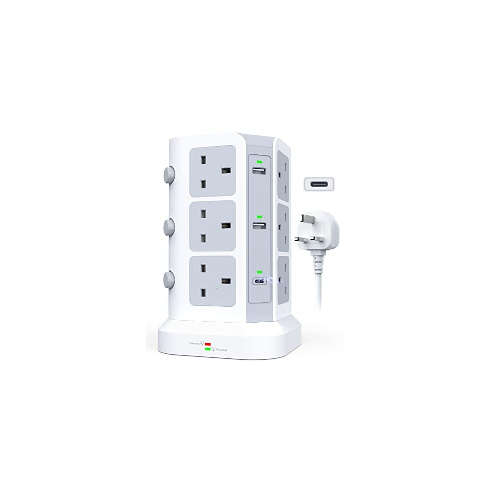 Dual 20W Usb C Tower Extension Lead [Pd 3.0/Qc 3.0], 12 Way Extension Tower With 4 Usb A Output [13A 3250W] Surge Protected Plug Extension For Office, 5014286171755