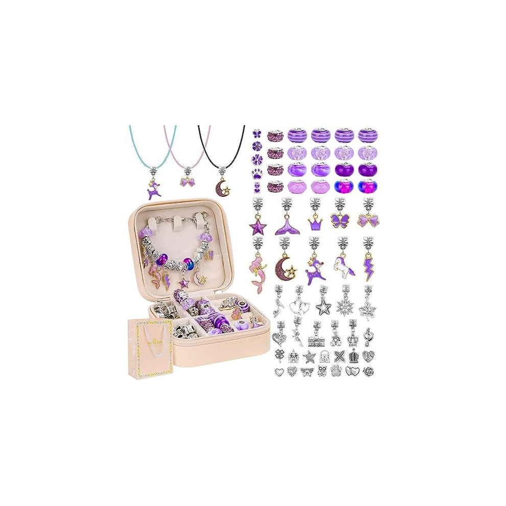 Charm Bracelet Making Kit for Girls Jewelry Making Supplies Beads Pendants Necklace Set (Purple + Jewelry Box)