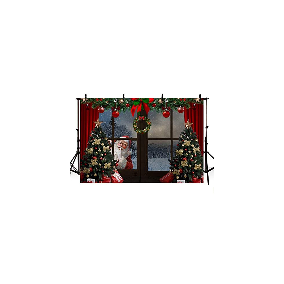 7x5ft Christmas Backdrop Xmas Tree Gift Box Santa Claus Garland Window Winter Snow Scene Photography Background Family Festival Decoration Photo 