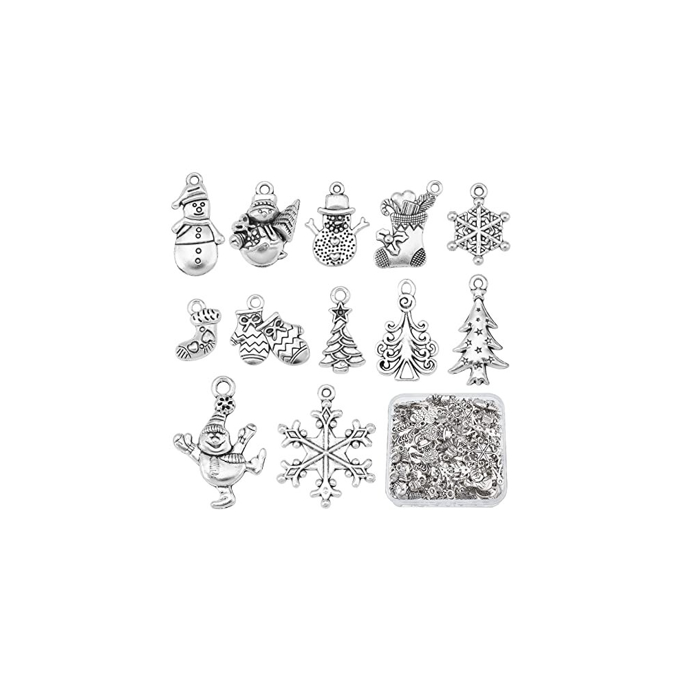 1 Box 120Pcs 12 Style Christmas Tibetan Style Charms Winter Theme Snowflake Pendants Antique Silver Snowman Pendants Metal Alloy Christmas tree Beads