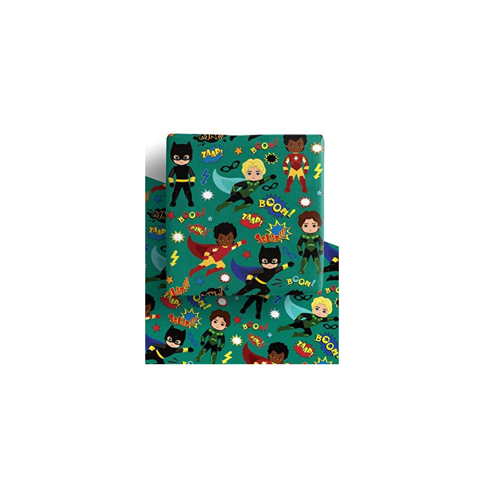 4 x Superhero Multicultural Boys Wrapping Paper- 100% Recycled and Recyclable Gift Wrap Sheets Perfect for Christmas, Birthday, Father's Day & More