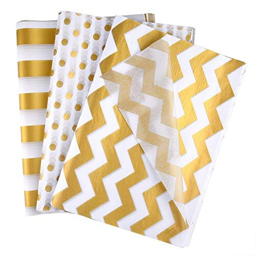 60 Pcs Gold White Tissue Paper Bulk 3 Style Decorative Metallic Wrapping Paper for Gift Bags Birthday Christmas Party Decoration, DIY Arts Crafts Gold