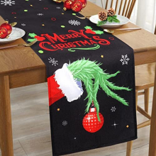 Fowecelt Elf Christmas Table Runner - 35x183 cm, Durable Spun Polyester Burlap, Elf Party Decor, Merry Christmas Table Runner for Kitchen & Dining