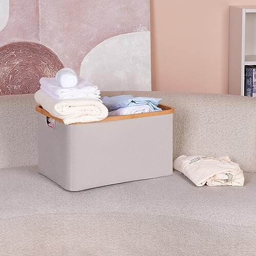 Foldable Laundry Basket 60L, Bamboo Fabric Foldable Storage Basket, Storage Foldable Laundry Basket, Laundry Baskets for Bedroom Bathroom (Beige) 2