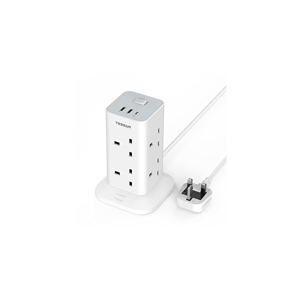 Tower Extension Lead With Usb C Slots, Tessan 8 Way Multi Plug Extension Sockets 2M Cord, Surge Protected Extension Lead With Switch, Multi Extension 5014286172738
