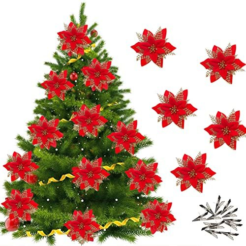 12Pcs Christmas Poinsettia Flower Artificial Pointsettia with Clips Christmas Glitter Poinsettia Ornaments Christmas Tree Flower Decorations, DIY Xmas