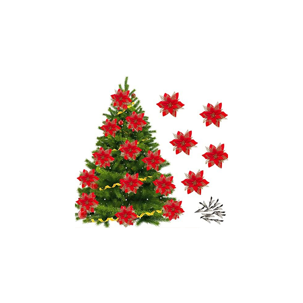 12Pcs Christmas Poinsettia Flower Artificial Pointsettia with Clips Christmas Glitter Poinsettia Ornaments Christmas Tree Flower Decorations, DIY Xmas