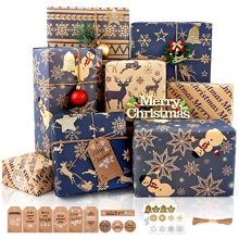 Christmas Wrapping Paper Sheets, Navy Blue and Brown Recycled Gift Wrapping Paper with Tags Stickers, 6 Sheet Xmas Wrapping Paper for Gifts Wrapping