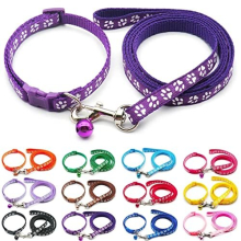 Small Dog Puppy Pet Cat Kitten Collar and Lead Set Pawprint Design Nylon with Bell Adjustable Quick Release Clip Leash Purple