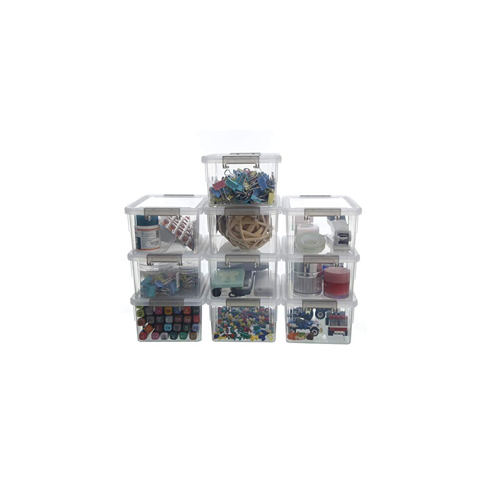 10 Pack Storage Boxes with Lids Plastic Small Clear Stackable Box for Shelves Toys, 1.25L