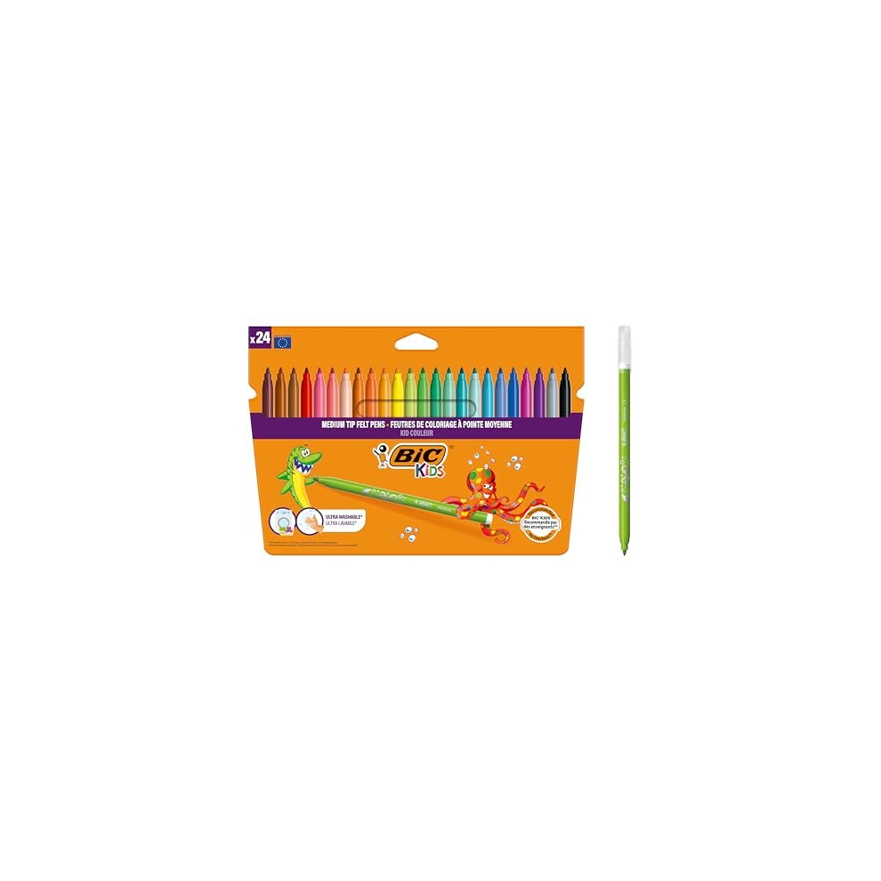 Bic Kids Kid Couleur, Washable Felt Tip Pens, Ideal For School, Assorted Colouring Pens, 24 Count (Pack Of 1)