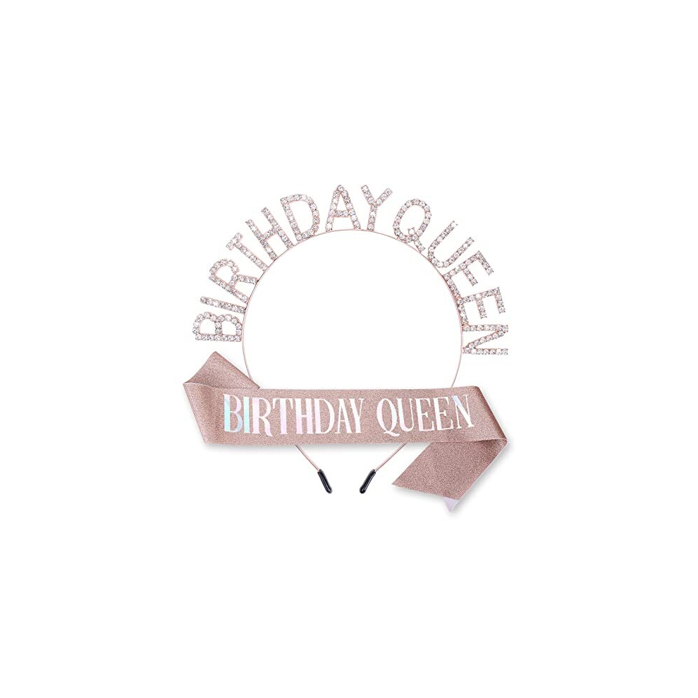 Birthday Queen Sash Crystal Headband Set Rhinestone Tiara Bling Glitter Crowns Hair Band Princess Tiara Sweet Happy Birthday Decorations Accessories
