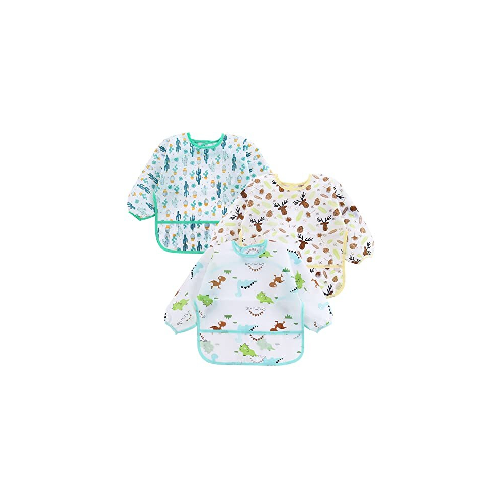 3 Pack Baby Weaning Bibs with Sleeves| Waterproof Toddler Bibs Long Sleeve Bibs 6-12-24 Months| Baby Feeding Bibs Baby Aprons for Eating| Mess Proof