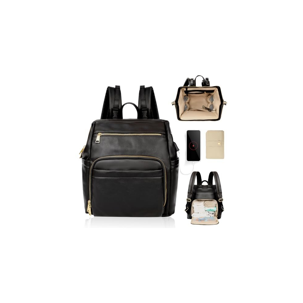 Changing Bag Backpack, Leather Changing Bag Nappy Waterproof Large Capacity Baby Travel For Mom & Dad With 6 Insulated Pockets, Usb Port, Pram Clips Miss Fong