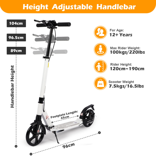 (White) Adult Kick Scooter with Double Shock Absorption 1